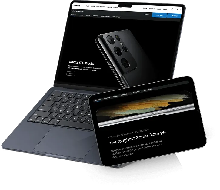 Samsung website shown on a laptop and a tablet