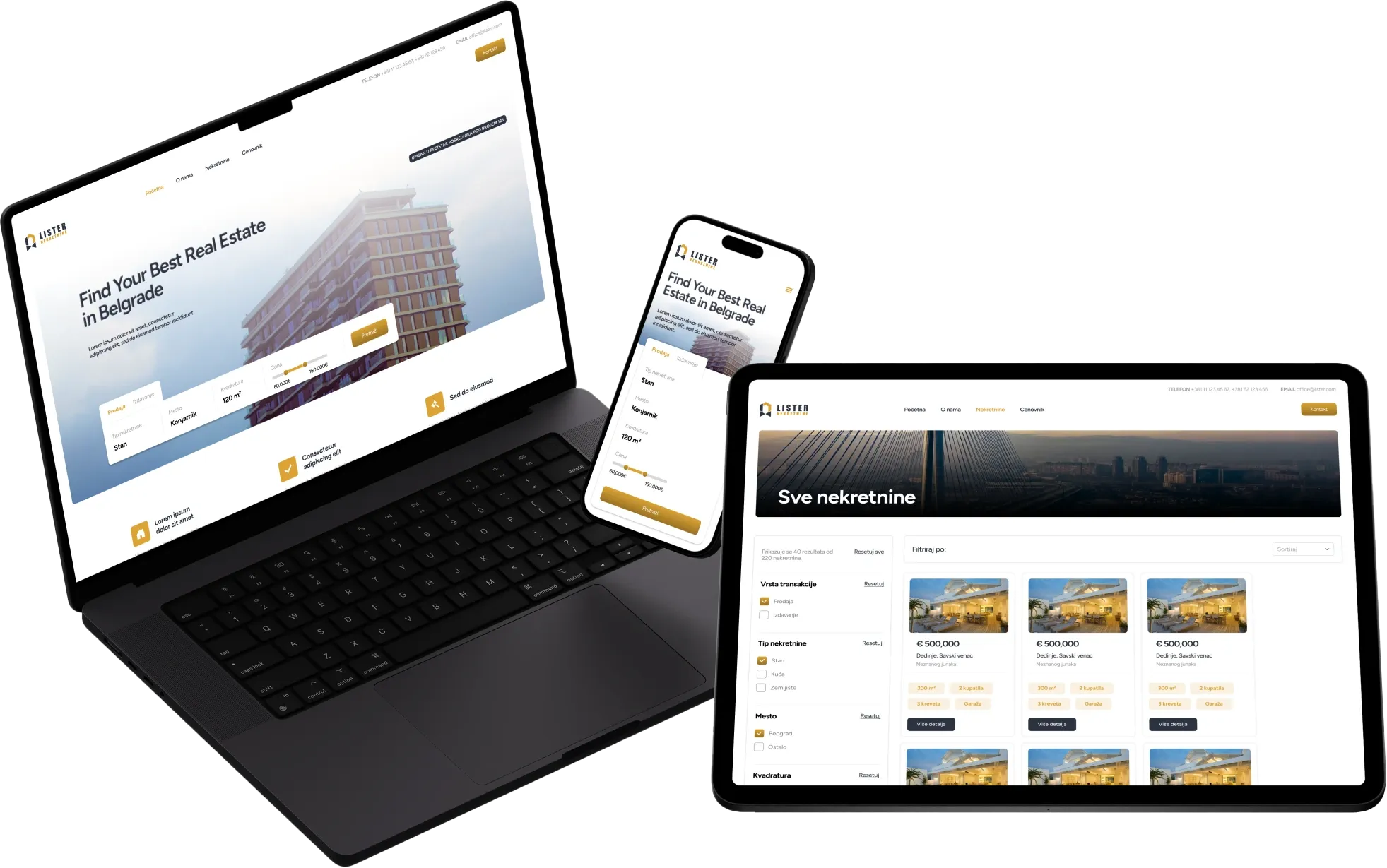 Lister real estate website shown on a laptop, phone and tablet
